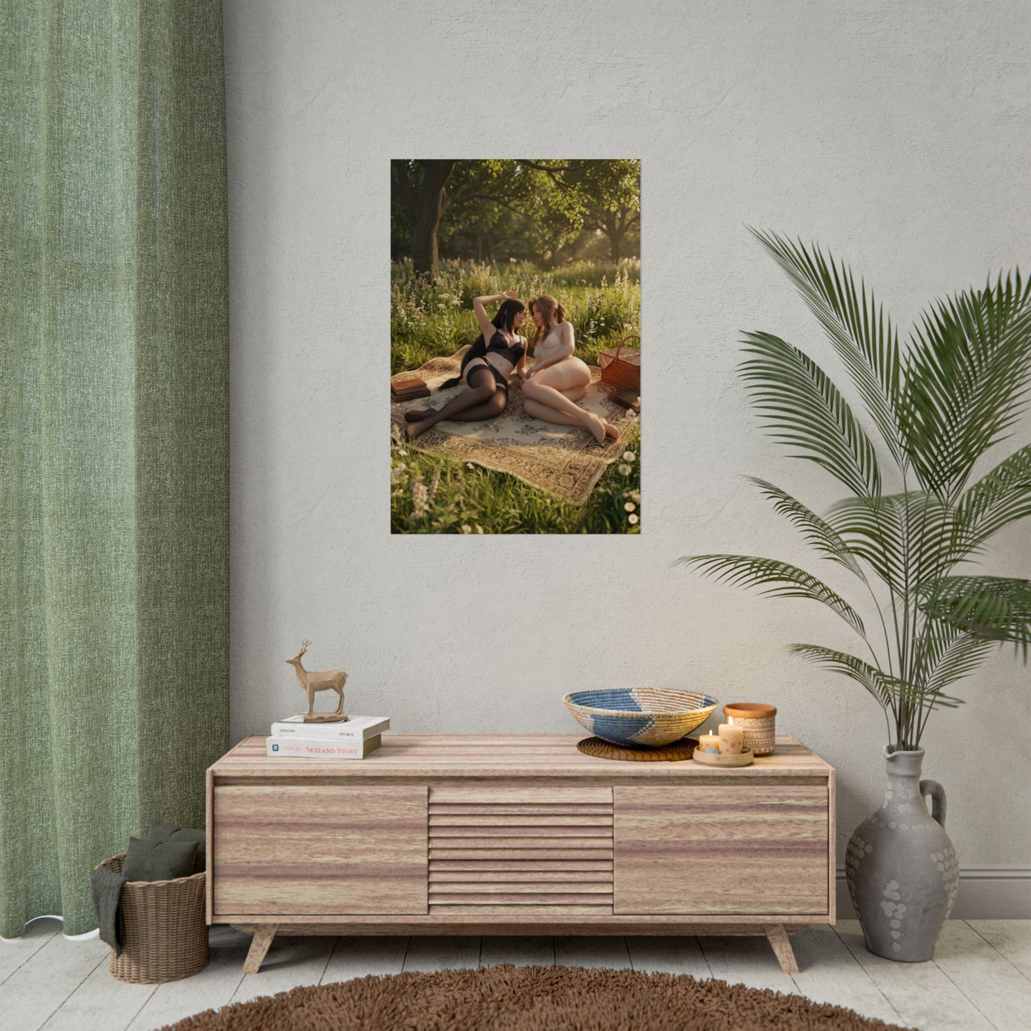 Tifa Aerith Poster, Final Fantasy VII Art Print – Iconic Game Duo Decor on modern living room wall showing character-focused gaming art