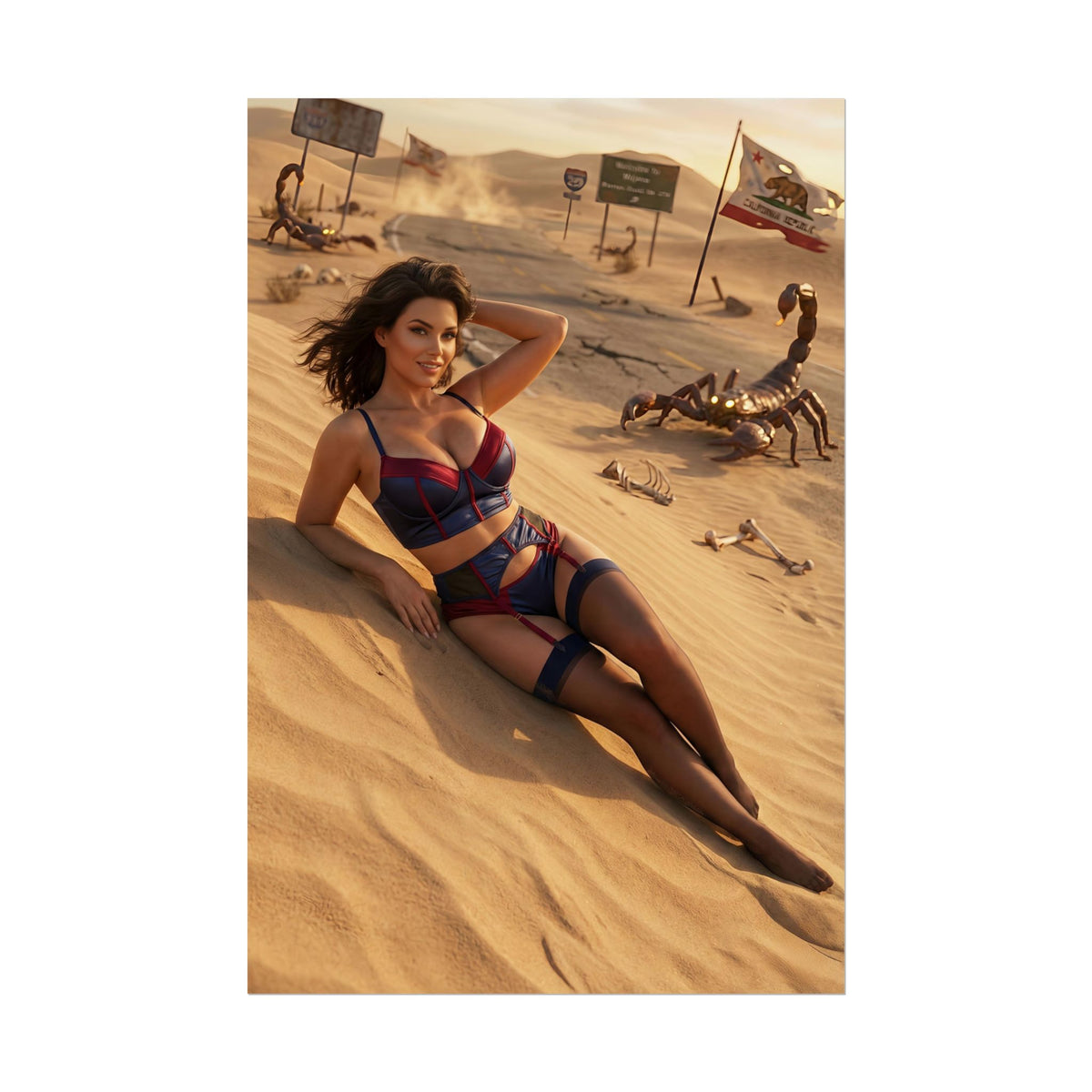Fallout Desert Woman Poster / Fallout Desert Wall Art / Fallout Desert Art Print / Fallout Poster - confident woman posed in desert wasteland with scorpions and signs