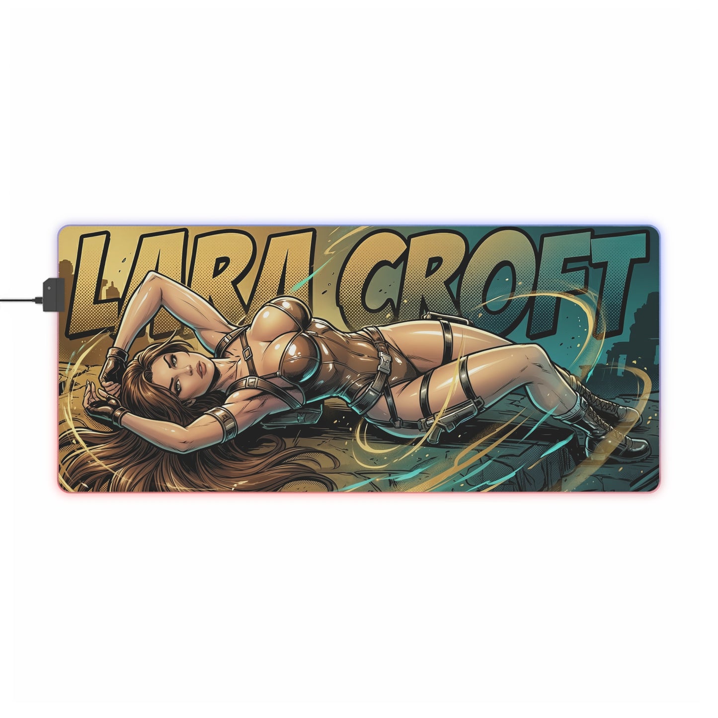 Lara Croft RGB Desk Mat, Adventure Game Gaming Mouse Pad, LED Desk Mat for Gamer Setup featuring cinematic Lara Croft artwork on RGB LED surface