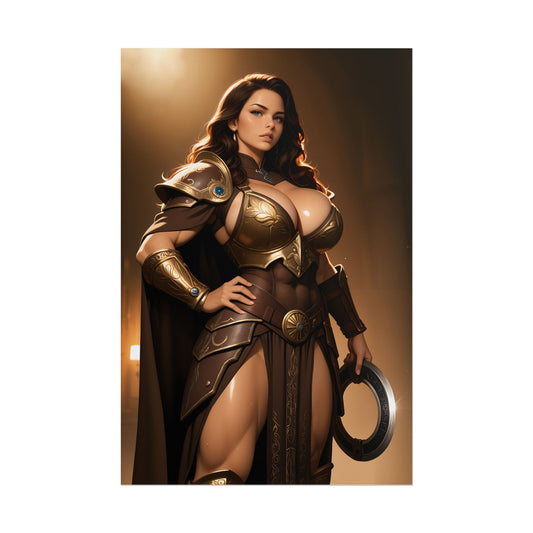 Xena Poster, Warrior Princess Art Print, Fantasy Heroine Wall Decor featuring armored Xena warrior princess with fierce gaze and cinematic lighting