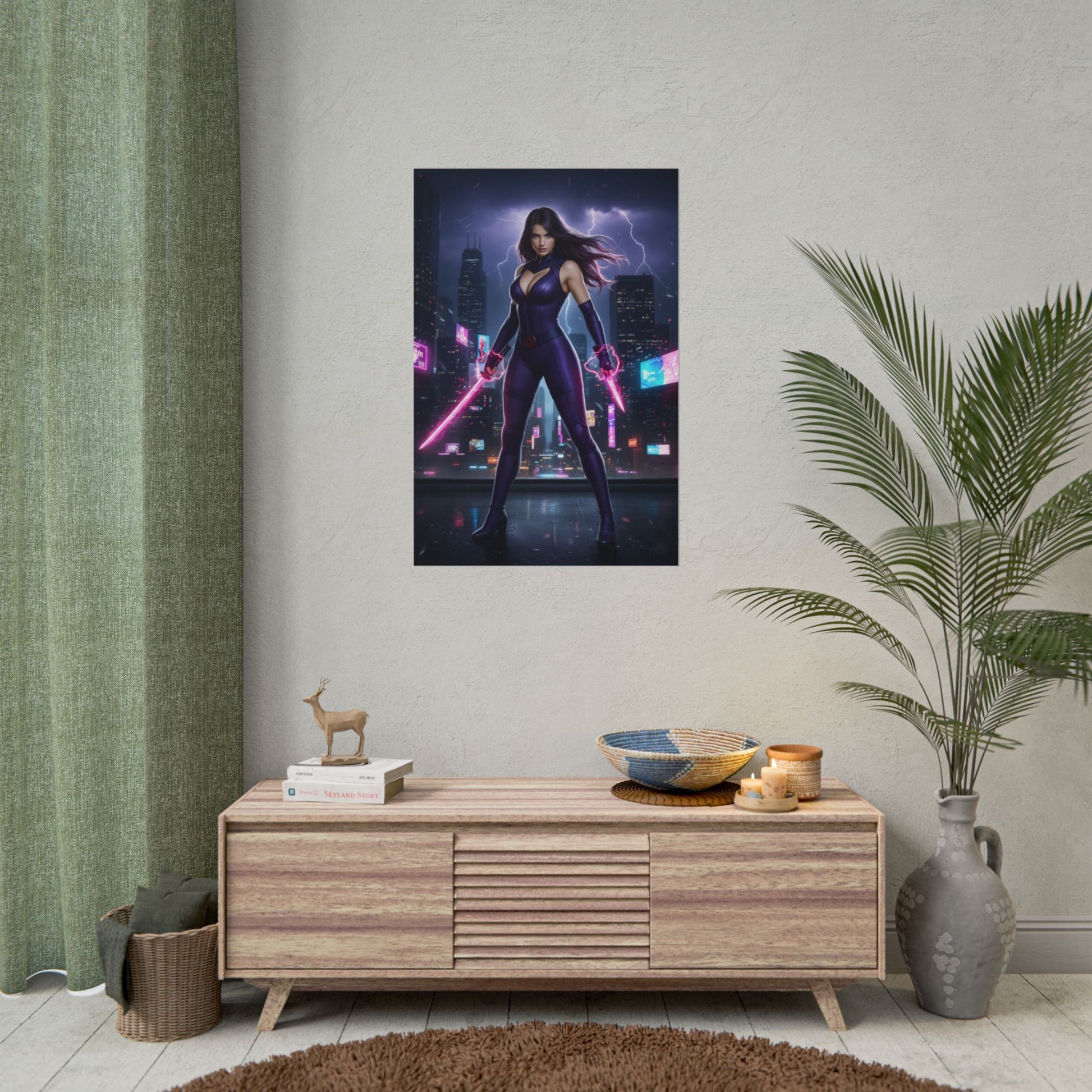 Psylocke Poster, Marvel X-Men Art Print, Iconic Telepath Ninja Hero — dramatic poster on modern living room wall