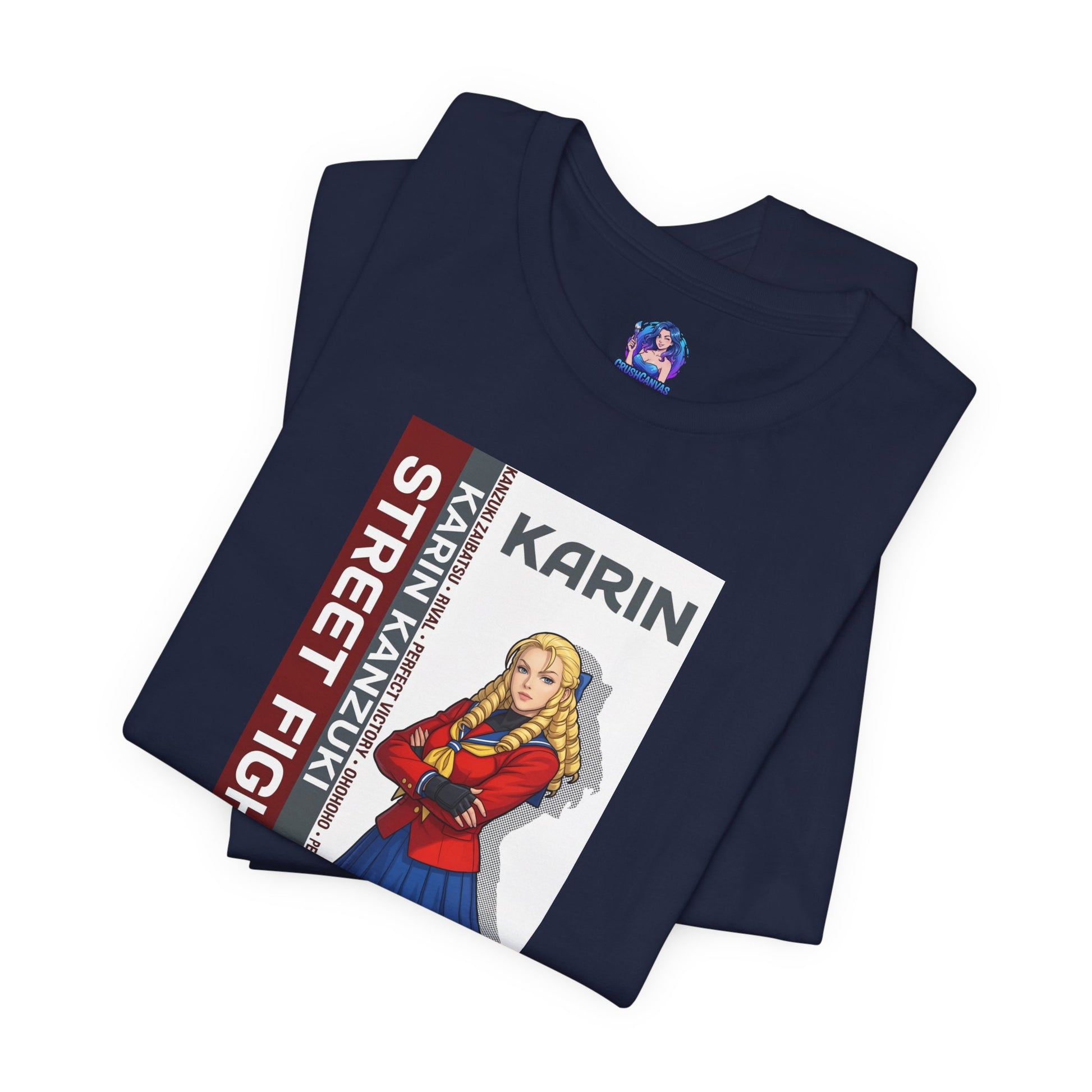 Karin Kanzuki T-Shirt | Street Fighter Anime Tee for Gamers & Fighting Game Fans - navy tee with Karin illustration and bold typography