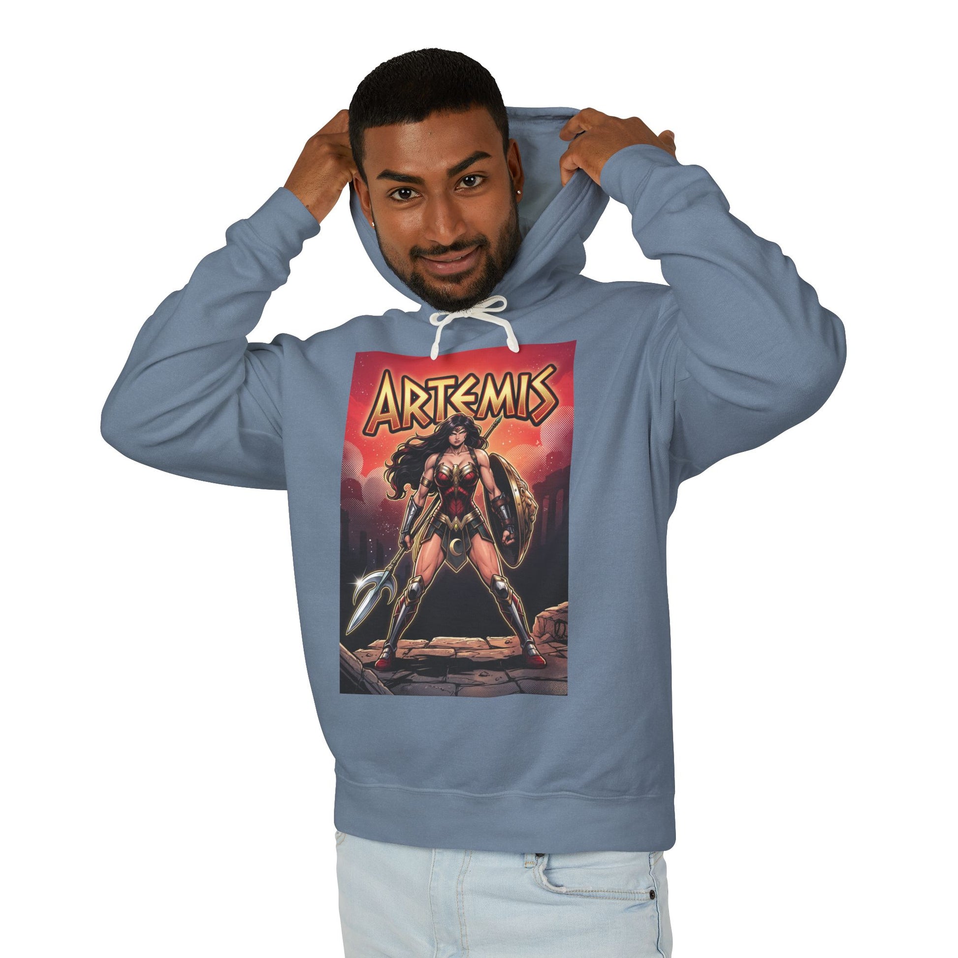 Artemis Hoodie | DC Superhero Hoodie | Amazon Battle Queen Pullover — man wearing blue pullover with Artemis comic art, relaxed fit cotton hoodie
