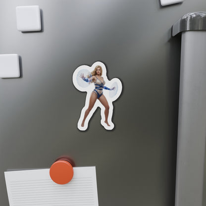 Invisible Woman Magnet – Marvel Heroine Fridge Magnet, Anime Style Decor premium die-cut vinyl magnet on gray fridge