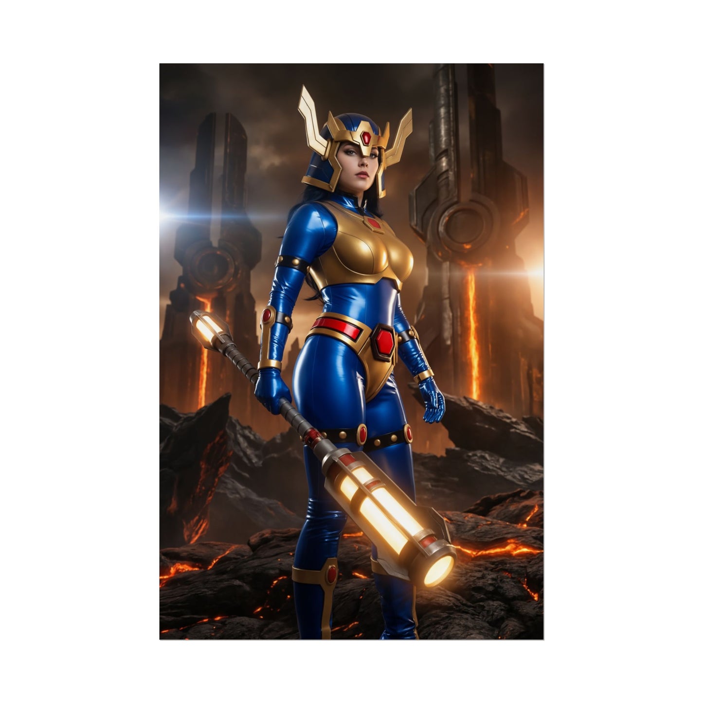 Big Barda Poster, DC Comics Art Print – Iconic Warrior Heroine Wall Art: bold Big Barda warrior poster in blue gold armor holding glowing mega-rod on volcanic sci-fi backdrop