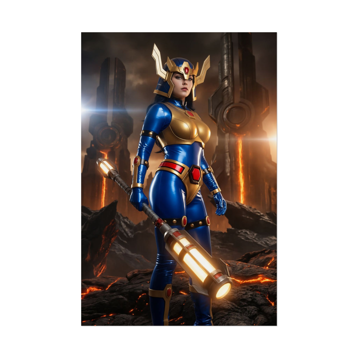 Big Barda Poster, DC Comics Art Print  Iconic Warrior Heroine Wall Art: bold Big Barda warrior poster in blue gold armor holding glowing mega-rod on volcanic sci-fi backdrop