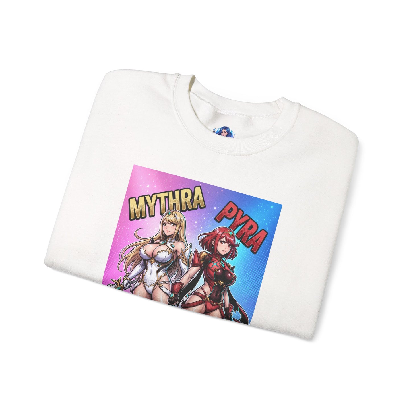 Alt Tag: Mythra and Pyra Sweatshirt, Fantasy RPG Crewneck, Anime-Inspired Fan Apparel showing vibrant Mythra and Pyra artwork on a white crewneck