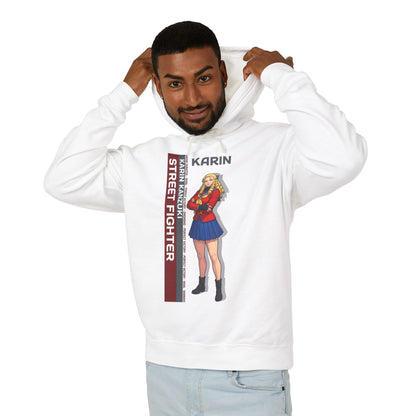 Karin Hoodie | Street Fighter Hoodie | Anime Elegant Fighter Pullover - white pullover with Karin anime illustration modeled by man