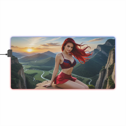 Erza Scarlet Desk Mat – LED RGB Pad, Waifu Anime Girl Gaming Setup featuring red‑haired waifu in armor-inspired outfit on scenic mountain landscape
