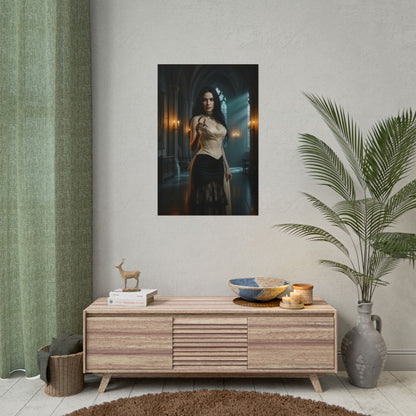 Lady Dimitrescu Poster Resident Evil Wall Art Print Gothic Decor cinematic portrait of vampire noblewoman in grand gothic castle hall