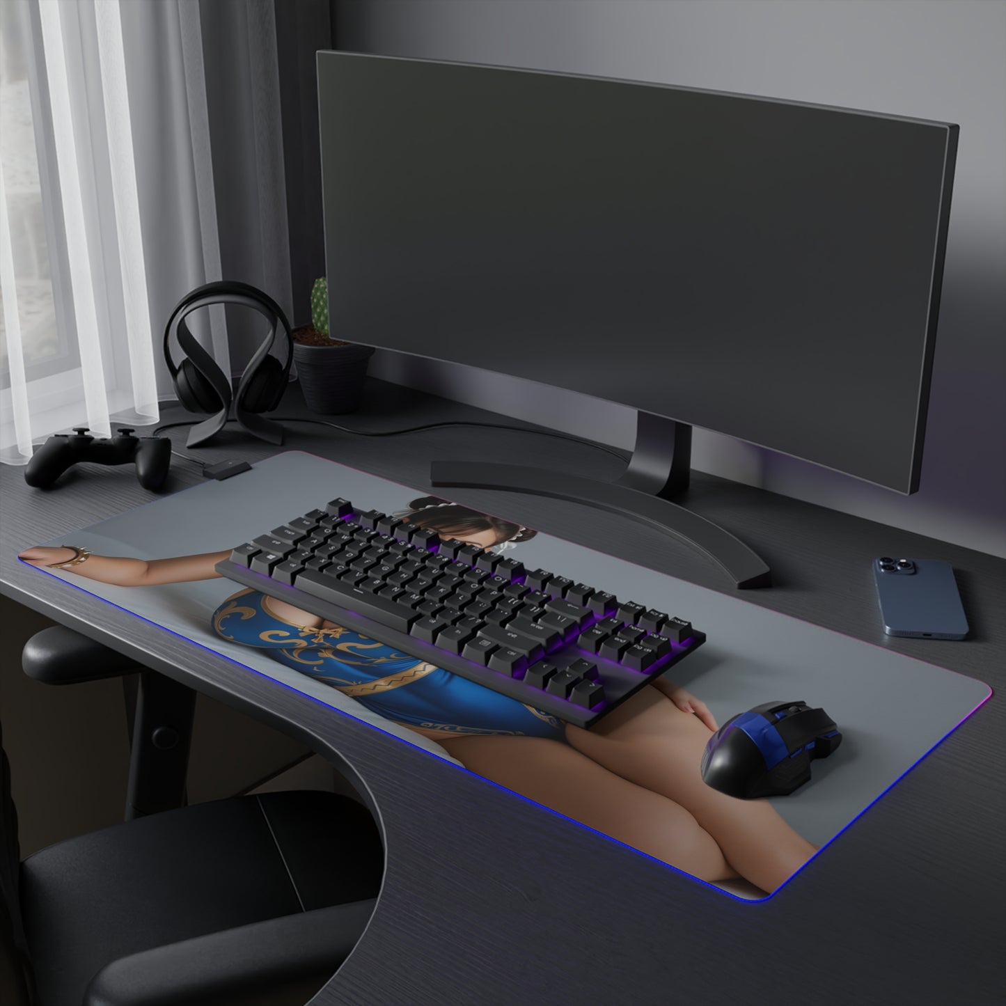 Chun-Li Schreibtischunterlage – LED RGB-Pad, Waifu Anime-Mädchen Gaming-Setup