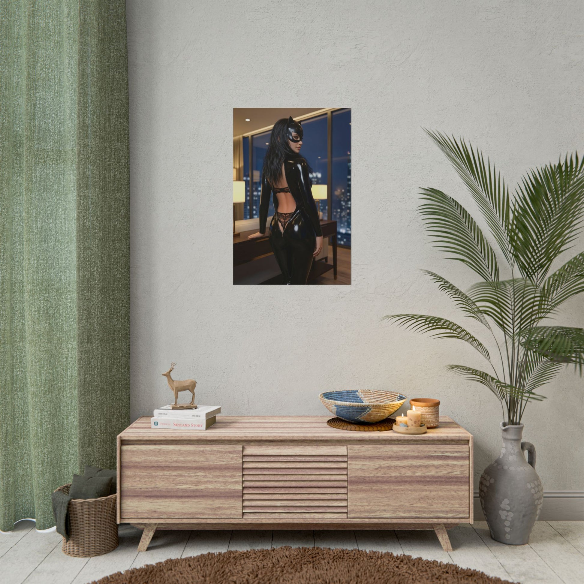 Catwoman Poster, DC Comics Art Print – Iconic Gotham Heroine Gift framed on modern interior wall as bold Gotham heroine silhouette