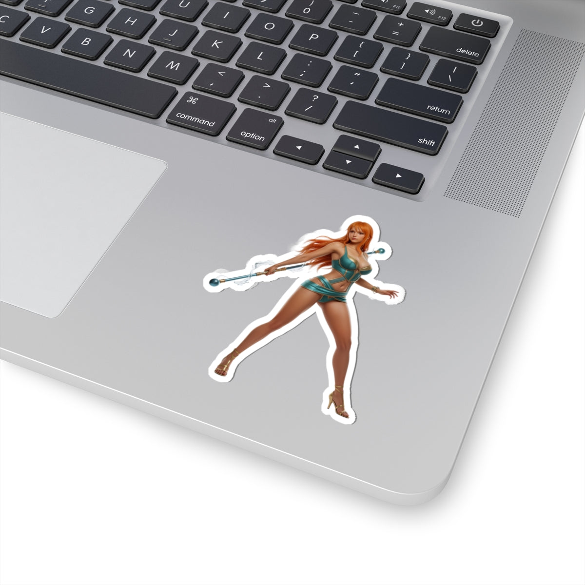 Nami One Piece Sticker – Anime Character Vinyl Sticker for Laptops & Indoor Decor on silver laptop showing glossy durable vinyl, crisp detail, bubble-free application