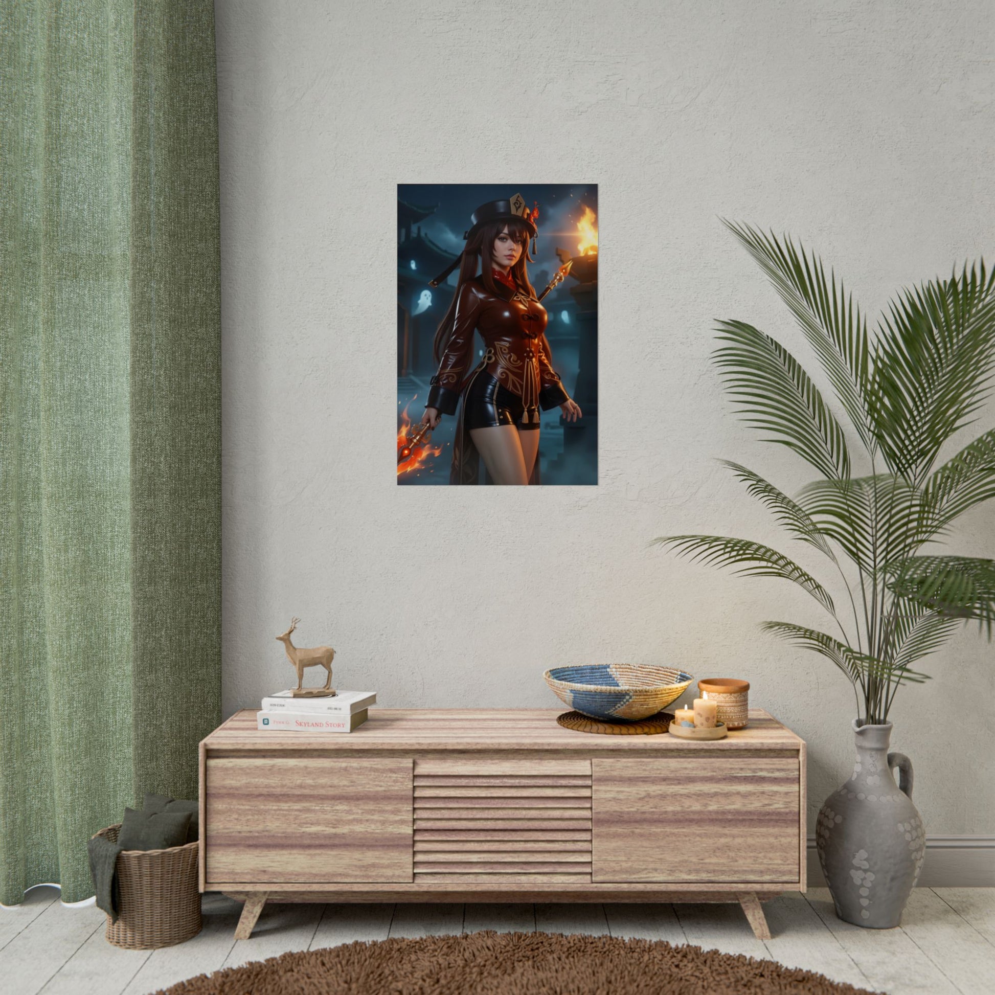 Hu Tao Poster, Genshin Impact Art Print – Iconic Pyro Heroine Wall Art hanging in modern gamer room with bold dark fantasy decor