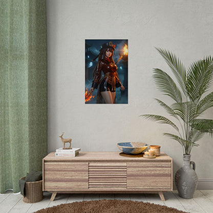 Hu Tao Poster, Genshin Impact Art Print – Iconic Pyro Heroine Wall Art hanging in modern gamer room with bold dark fantasy decor