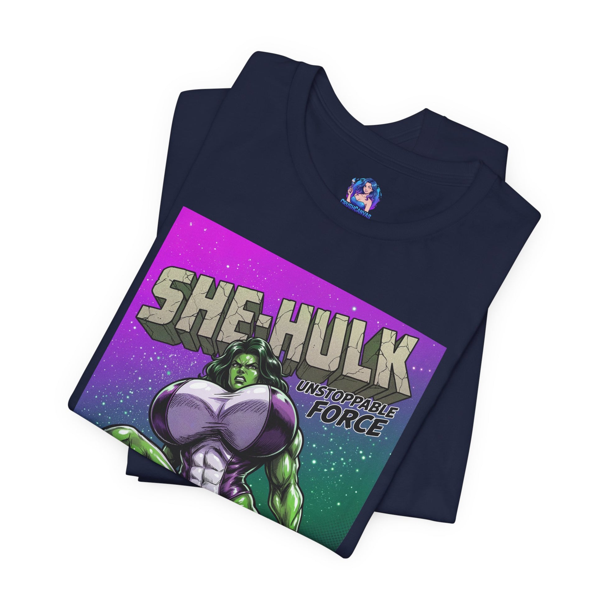 She-Hulk T-Shirt | Marvel Comic Heroine Anime Tee folded navy Bella Canvas 3001 with comic-style She-Hulk graphic and ‘Unstoppable Force’ text