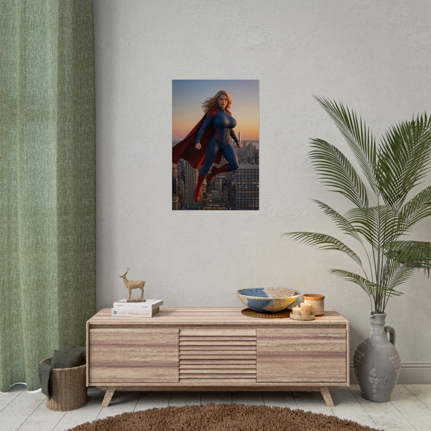 Supergirl Poster, DC Comics Art Print – Superhero Wall Art on living room wall above console, vibrant superhero decor for gamer and fan collections