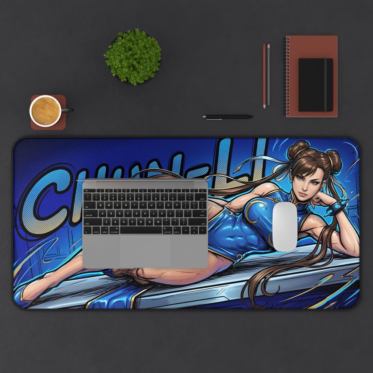 Chun-Li Desk Mat, Fighting Game Mouse Pad, Gamer Desk Setup featuring Chun-Li artwork on large stitched-edge mouse pad with non-slip base