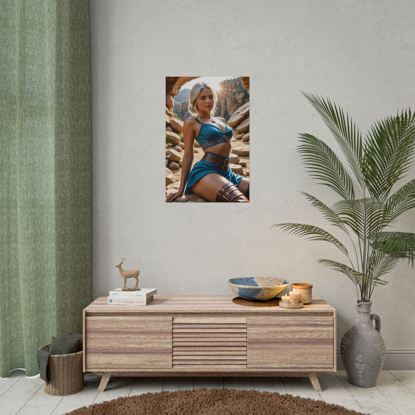 Ciri Fantasy Poster – Elegant Heroine Wall Art for Bedroom or Studio Decor, blue-clad heroine poster over modern console