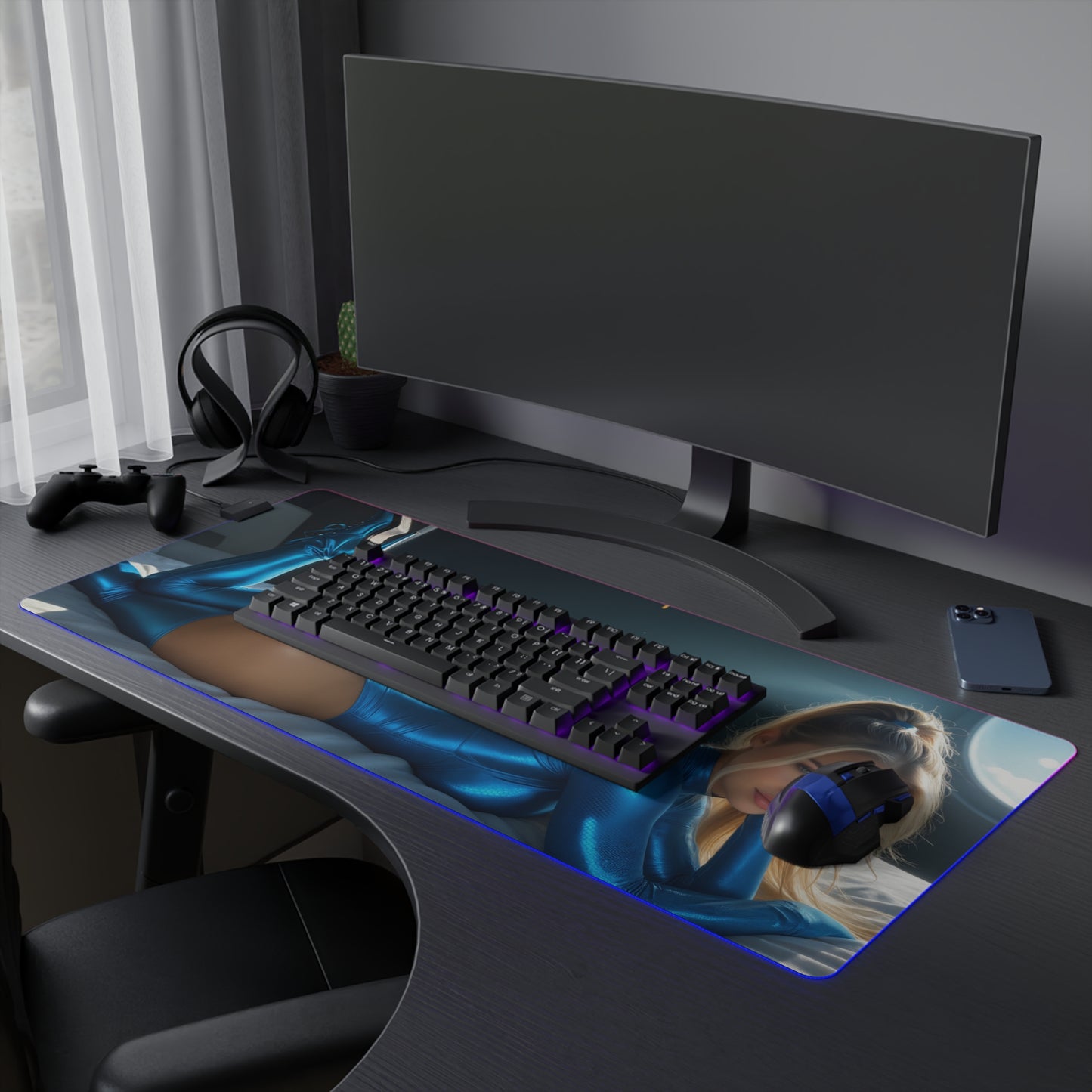 Килимок для столу Samus Aran – світлодіодний RGB-підсвітлювальний килимок, ігровий декор із зображенням дівчини-аніме Вайфу у науково-фантастичному стилі