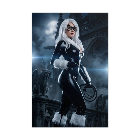 Black Cat Poster, Marvel Art Print – Classic Comic Book Wall Decor featuring Black Cat in glossy black suit on gothic rooftop, perfect for gaming and streaming setups.