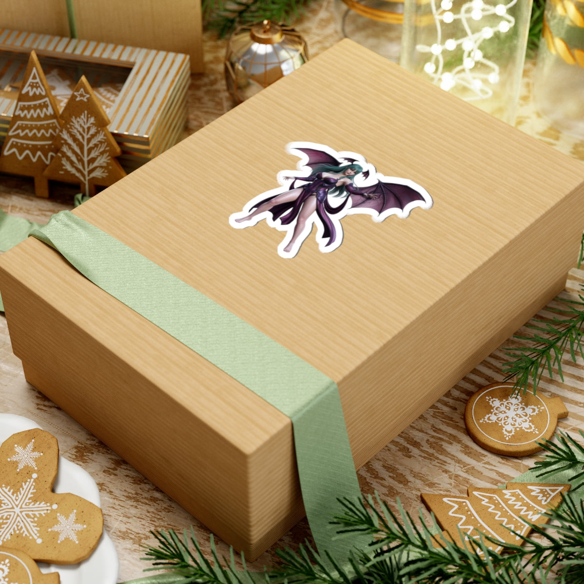Morrigan Aensland Sticker – Darkstalkers Vinyl Sticker for Laptops & Indoor Decor on a gift box, glossy vinyl decal with crisp detail