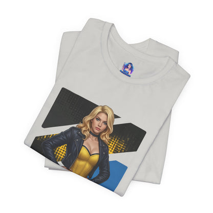 Black Canary T-Shirt | DC Comics Anime Tee for Gamers & Hero Fans folded white Bella Canvas tee with anime-style Black Canary graphic