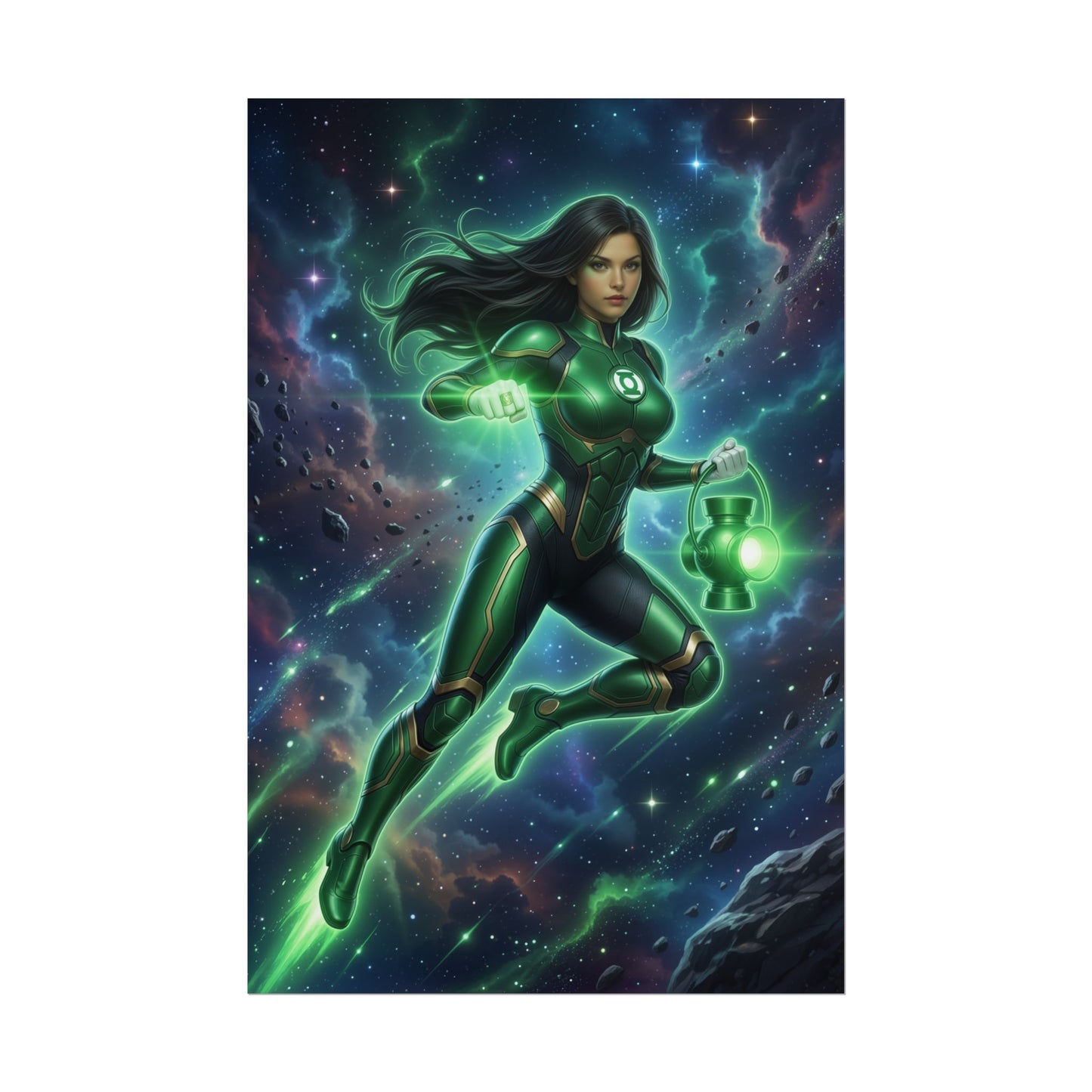 Jessica Cruz Poster, DC Comics Art Print – Superhero Wall Art vibrant Green Lantern-style Jessica Cruz in space, glowing ring and lantern, gamer room decor