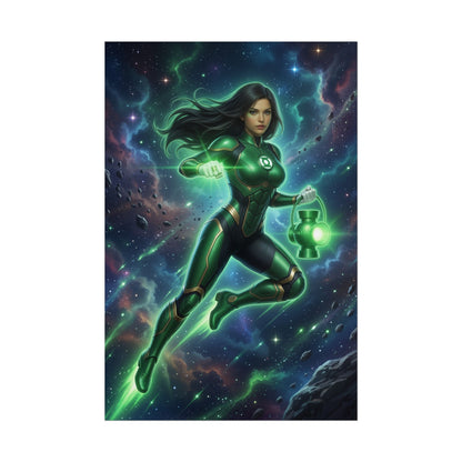 Jessica Cruz Poster, DC Comics Art Print – Superhero Wall Art vibrant Green Lantern-style Jessica Cruz in space, glowing ring and lantern, gamer room decor