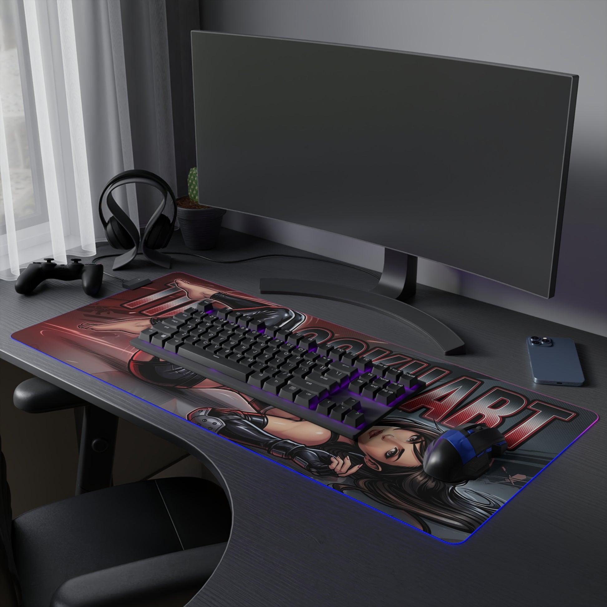 Tifa Lockhart RGB Desk Mat, Final Fantasy Gaming Mouse Pad, LED Desk Mat for Gamer Setup - red black character artwork with LED border