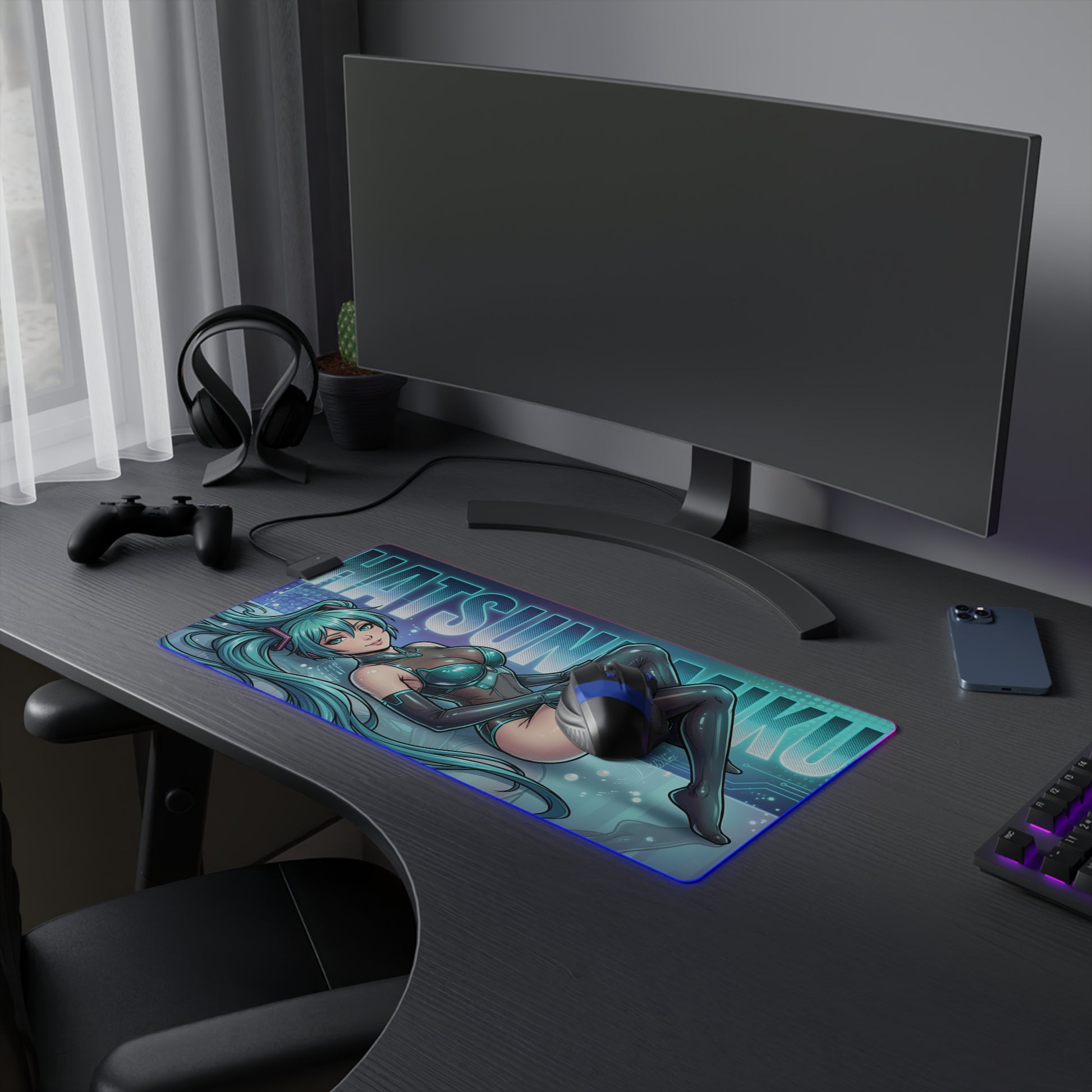 Hatsune Miku RGB Desk Mat, Anime Gaming Mouse Pad, LED Desk Mat for Gamer Setup with futuristic blue-toned character artwork and RGB lighting