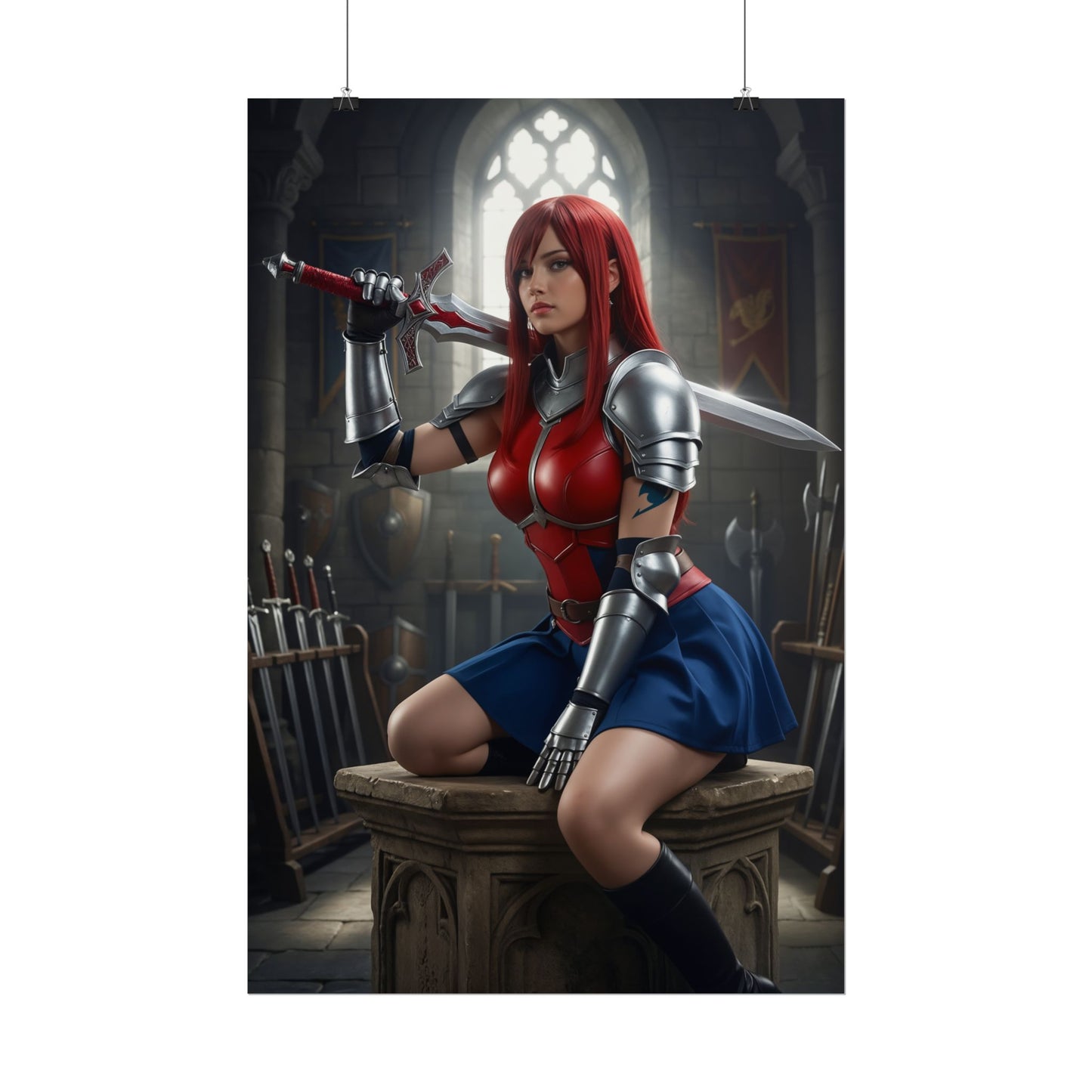 Erza Scarlet Poster, Fairy Tail Art Print, Iconic Armor Warrior Wall Decor featuring armored Erza Scarlet with sword in gothic armory setting