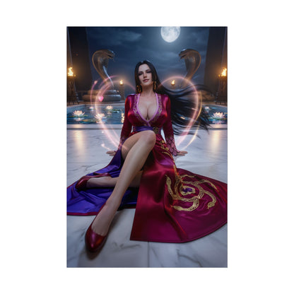 Boa Hancock Poster / Boa Hancock Wall Art / Boa Hancock Art Print / One Piece Poster - moonlit regal Boa Hancock seated by pool with serpents and cinematic lighting