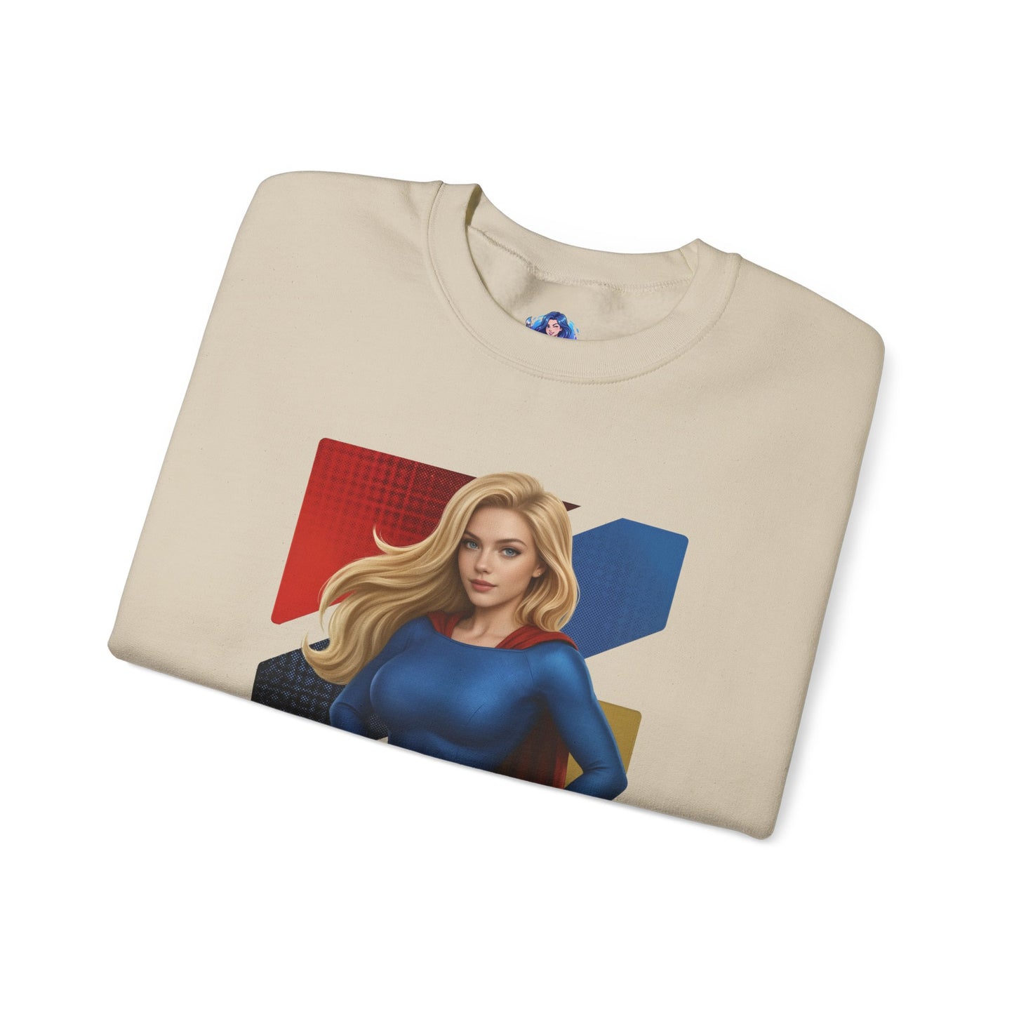 Supergirl Sweatshirt, DC Comics Crewneck, Iconic Superhero Apparel for Fans folded cream crewneck with Supergirl illustration in blue and red