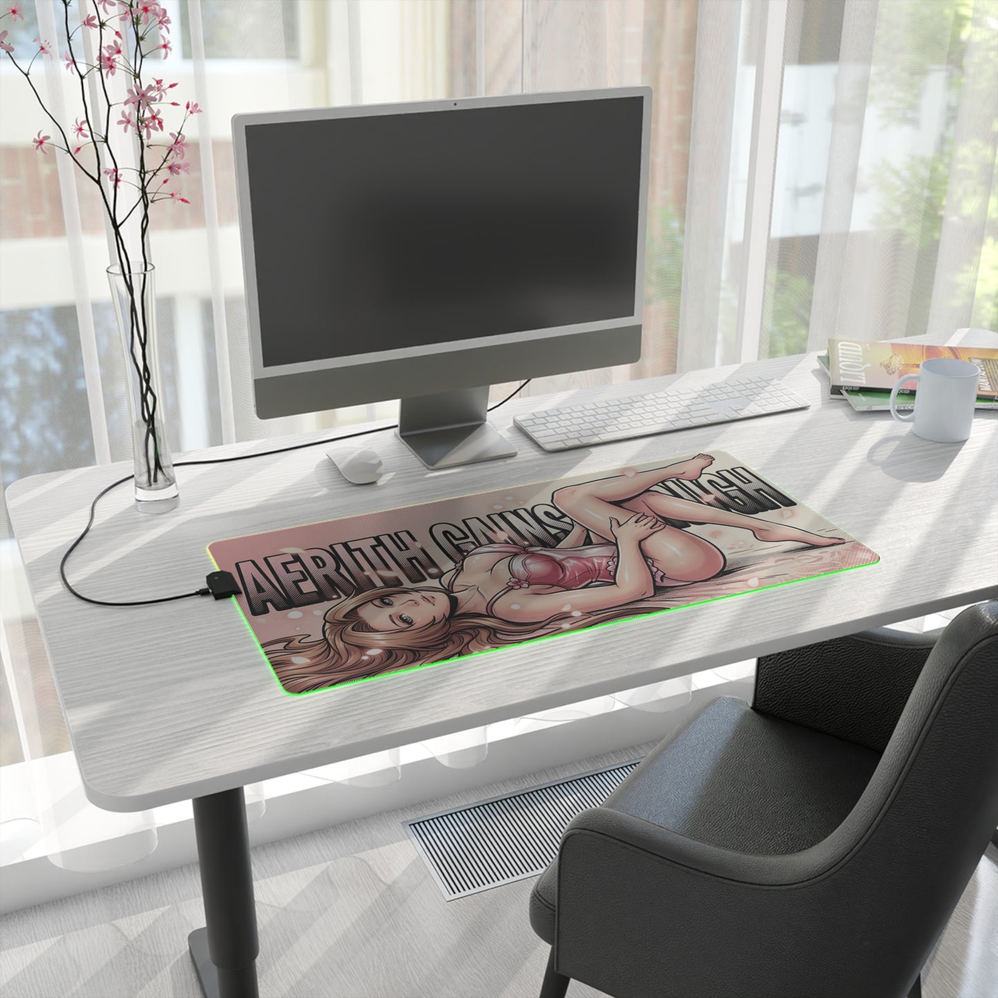 Aerith Gainsborough RGB Desk Mat, Final Fantasy Gaming Mouse Pad, LED Desk Mat on modern white desk with PC, RGB glow and character artwork