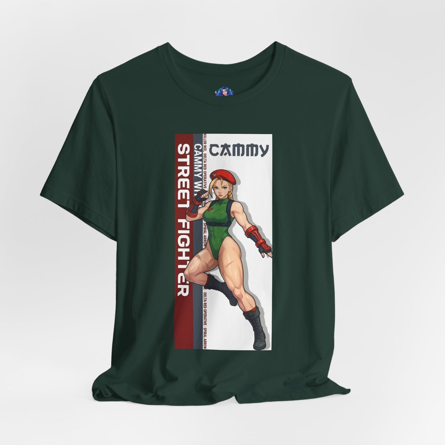 Cammy White T-Shirt | Street Fighter Anime Tee for Gamers & Fighting Game Fans - Bella Canvas 3001 green tee showing Cammy in combat pose
