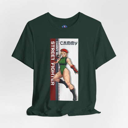 Cammy White T-Shirt | Street Fighter Anime Tee for Gamers & Fighting Game Fans - Bella Canvas 3001 green tee showing Cammy in combat pose