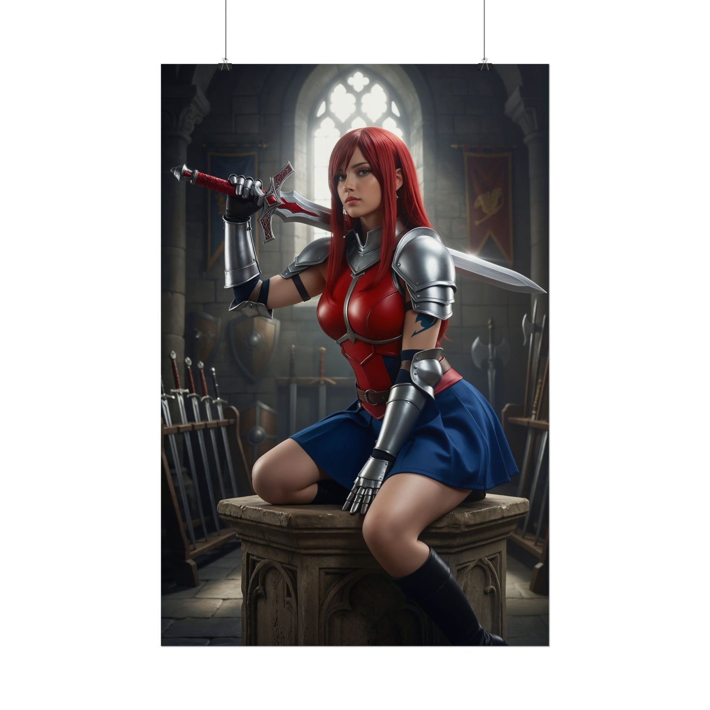 Erza Scarlet Poster, Fairy Tail Art Print, Iconic Armor Warrior Wall Decor - armored Erza Scarlet with sword in gothic armory, anime fantasy wall art