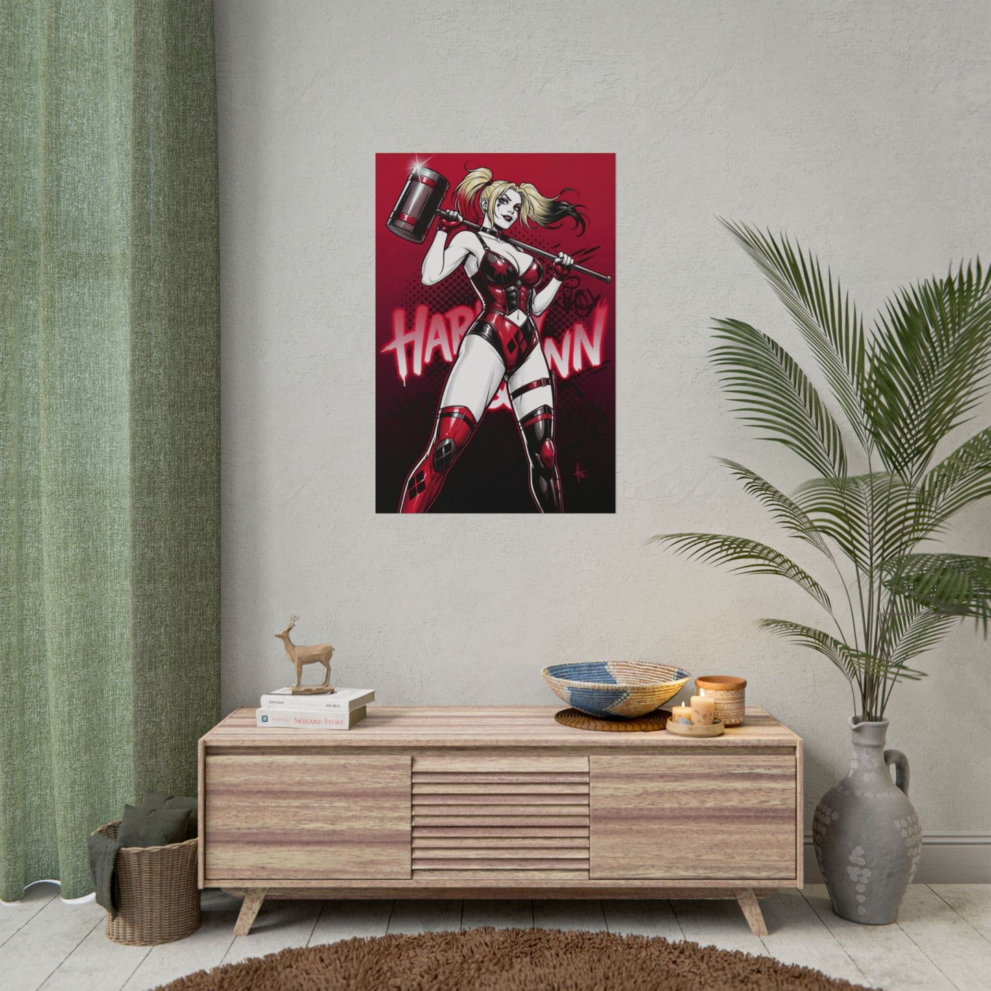 Harley Quinn Poster / Harley Quinn Wall Art / Harley Quinn Art Print / DC Comics Poster - bold red black Harley Quinn with hammer in dynamic pose