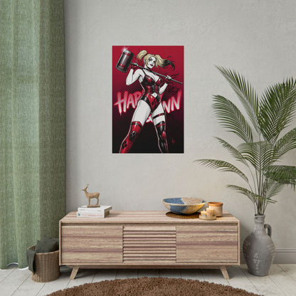 Harley Quinn Poster / Harley Quinn Wall Art / Harley Quinn Art Print / DC Comics Poster - bold red black Harley Quinn with hammer in dynamic pose