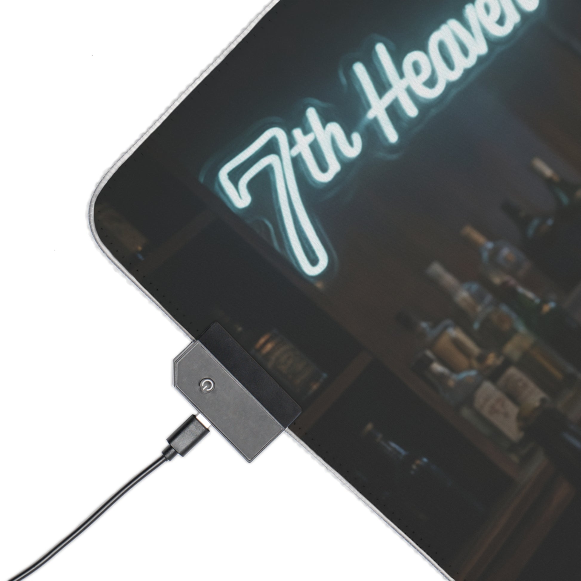 Tifa Lockhart & Aerith Gainsborough Desk Mat – LED RGB Pad showing corner USB RGB controller and 7th Heaven neon bar design