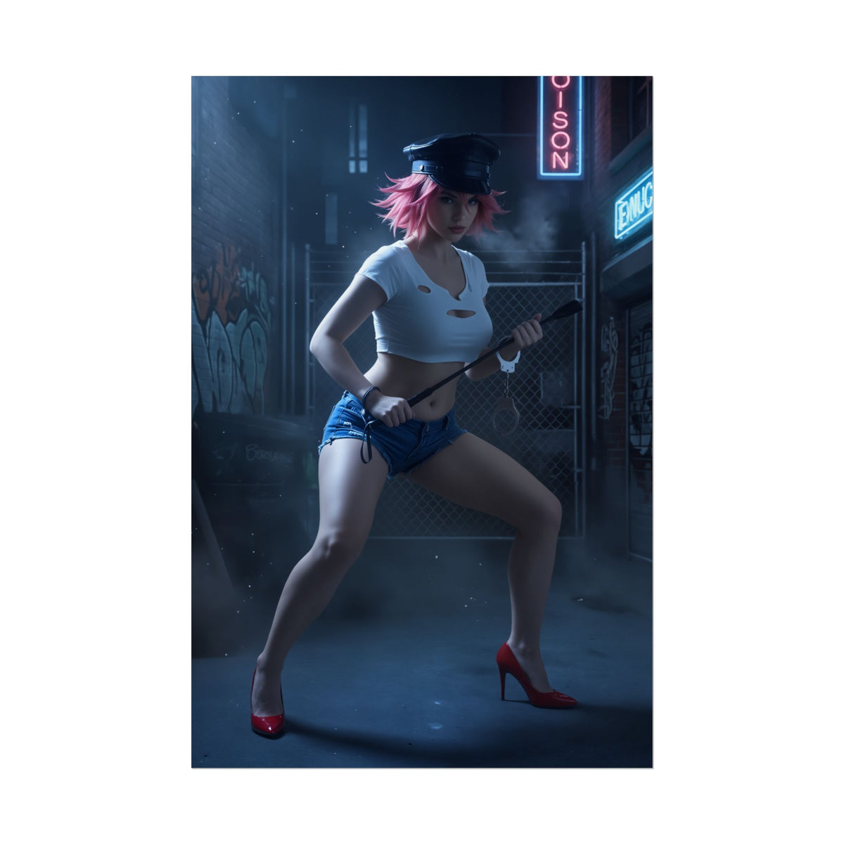 Poison Poster, Street Fighter Art Print  Iconic Fighting Game Heroine: gritty neon alley pose of the femme fighter with baton, vivid high-res art print