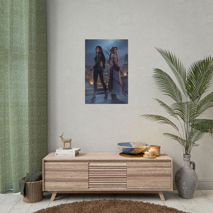 Tifa and Aerith Poster, Final Fantasy Art Print – Duo Wall Art hanging in modern gamer room with minimalist decor