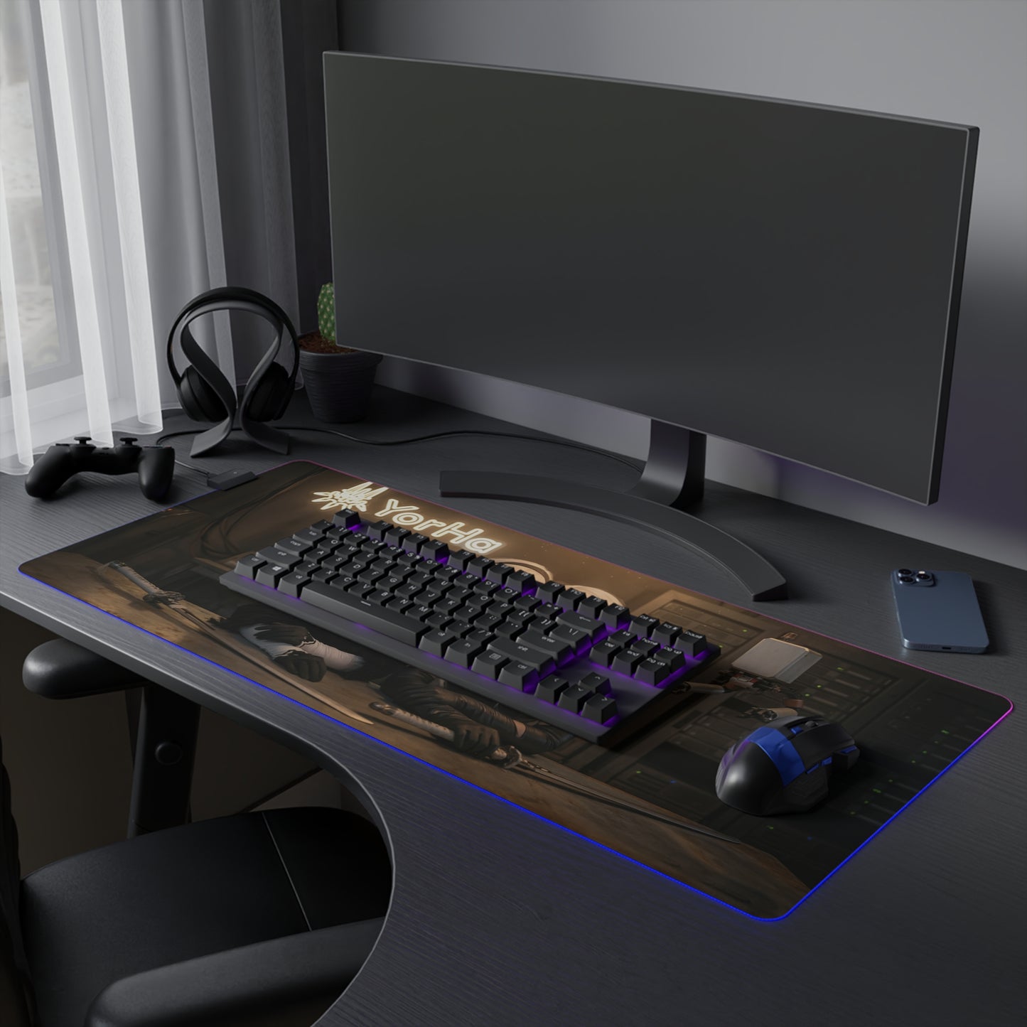 2B and A2 Desk Mat – LED RGB Pad, Waifu Android Anime Girl Gaming Setup