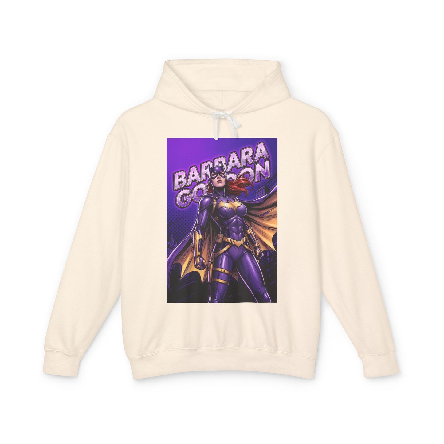 Batgirl Hoodie | DC Superhero Hoodie | Gotham Vigilante Pullover cream pullover with purple-and-gold Batgirl graphic front print