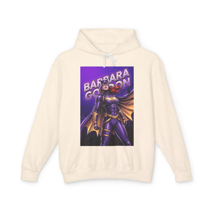 Batgirl Hoodie | DC Superhero Hoodie | Gotham Vigilante Pullover cream pullover with purple-and-gold Batgirl graphic front print