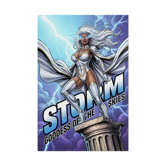 Storm Poster / Storm Wall Art / Storm Art Print / X-Men Poster - powerful female weather heroine standing on a column with lightning-filled sky, dramatic superhero wall art