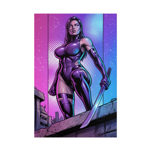Psylocke Poster / Psylocke Wall Art / Psylocke Art Print / X-Men Poster - neon purple Psylocke in combat pose with katana, glowing psychic energy