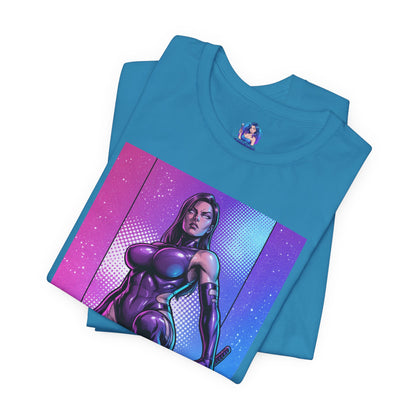 Psylocke T-Shirt | X-Men Anime Style Comic Tee showing Psylocke in a sleek bodysuit with blade on vibrant split-color backdrop
