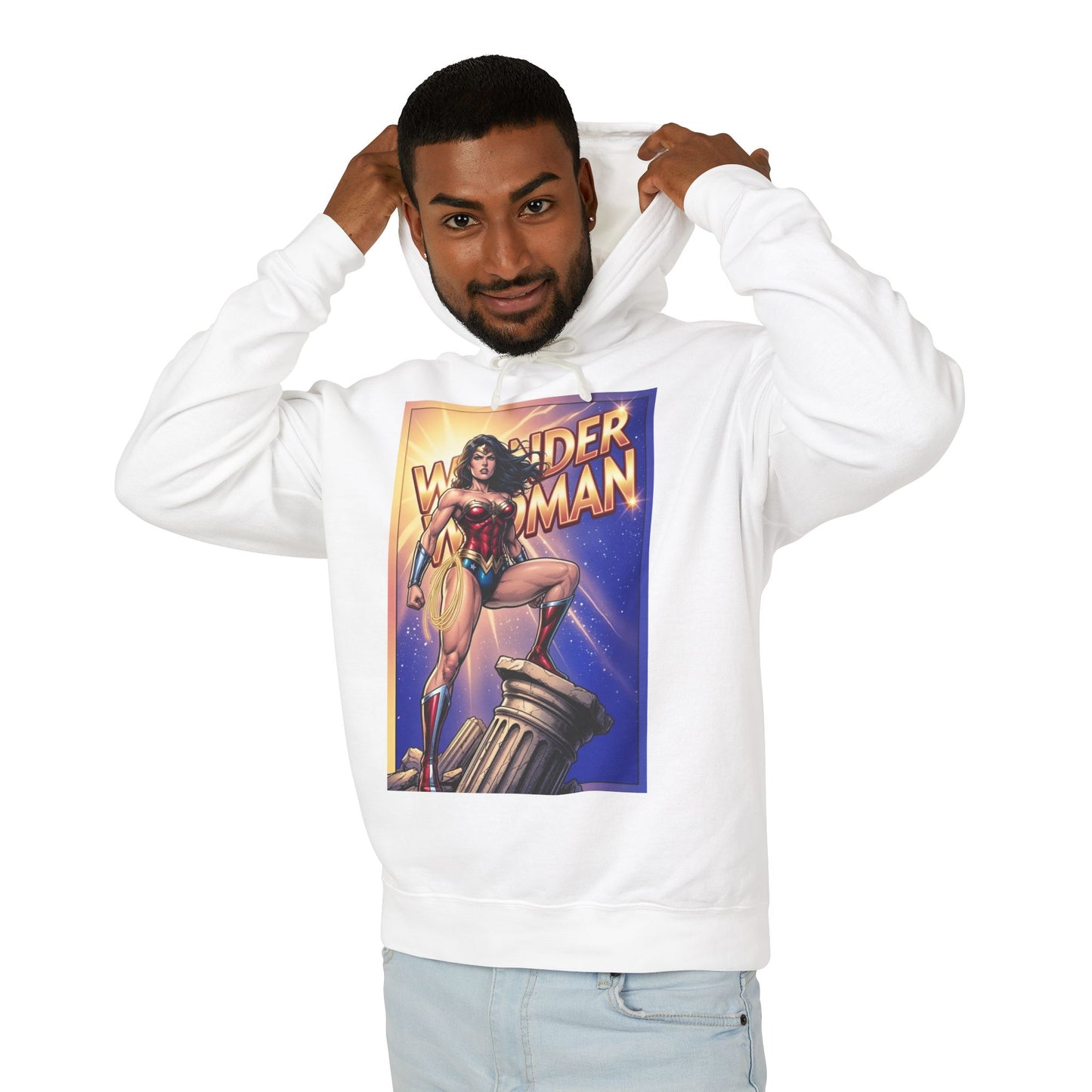 Wonder Woman Hoodie | DC Superhero Hoodie | Amazon Warrior Pullover - white pullover with vintage Wonder Woman artwork worn by smiling man